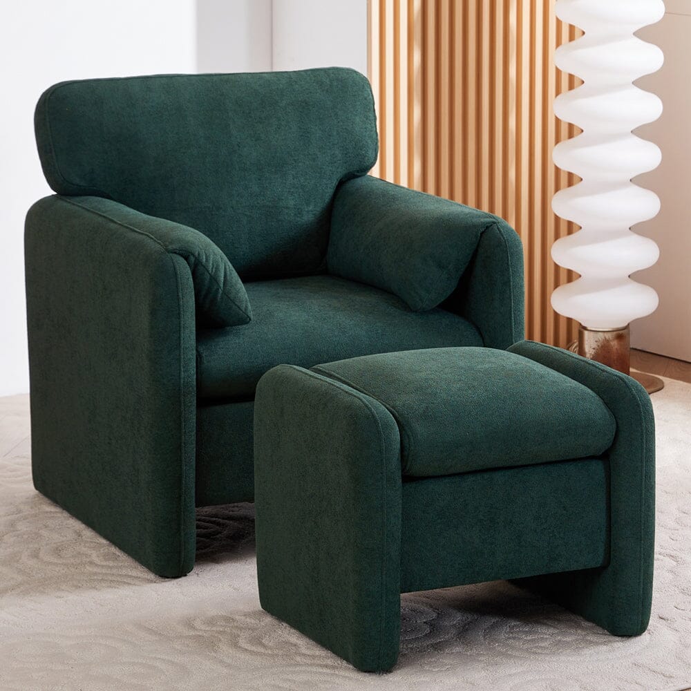 Chenille Single Sofa with Ottoman Adjustable Foot Nails Compact UK Design Living and Home Green 