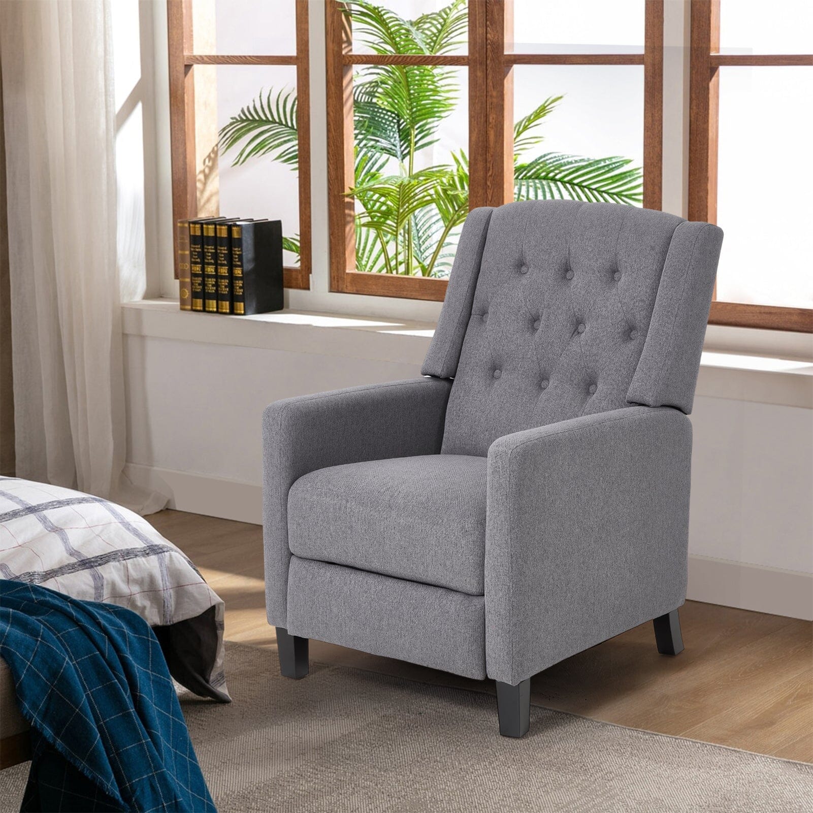 Single Recliner Sofa Chair Adjustable 140° Grey Fine Linen Wood Legs Living and Home 