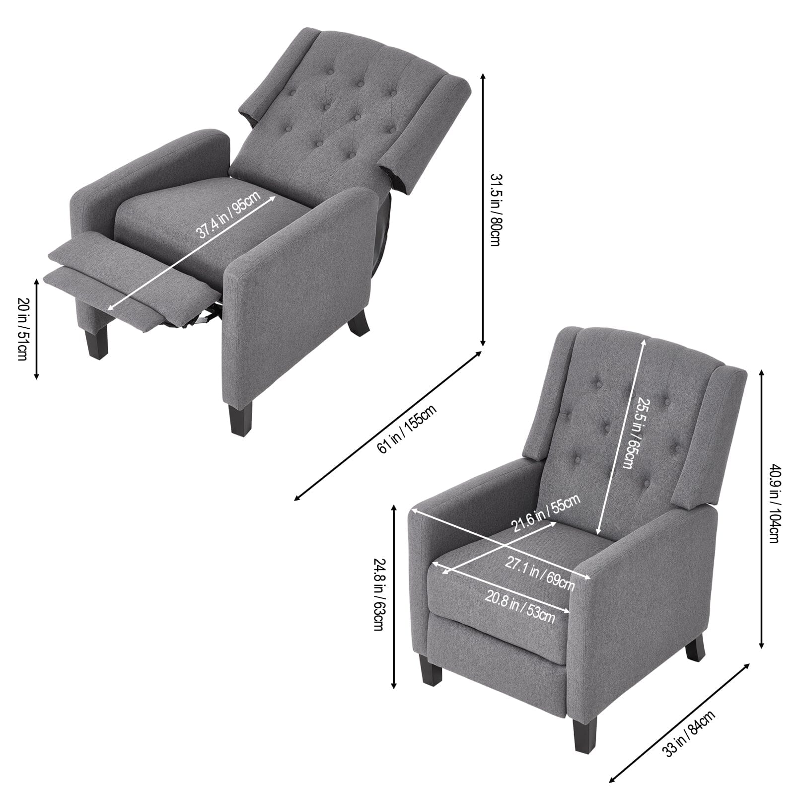 Single Recliner Sofa Chair Adjustable 140° Grey Fine Linen Wood Legs Living and Home 