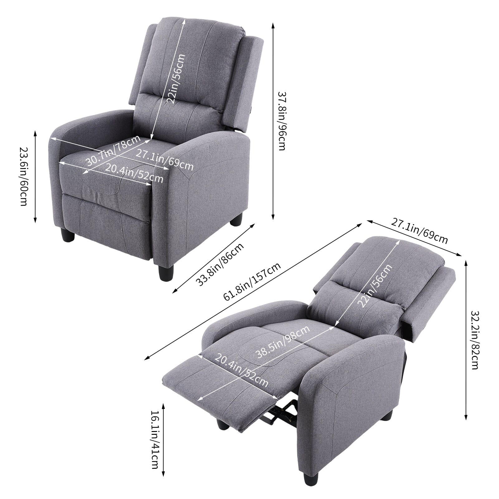 Single Recliner Sofa Chair Adjustable 140° Black Plastic Legs Compact UK Design Living and Home 