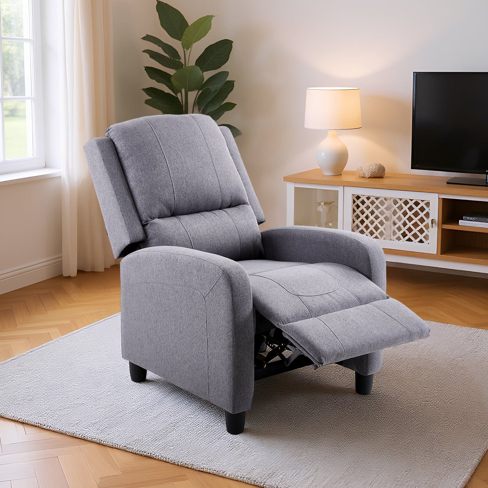 Single Recliner Sofa Chair Adjustable 140° Black Plastic Legs Compact UK Design Living and Home 