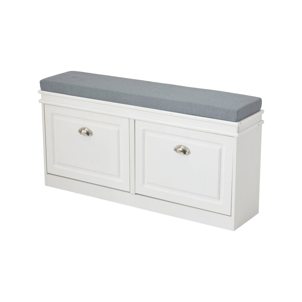 White 2-Door Shoe Storage Bench With Padded Seat British Hallway Organiser Living and Home 