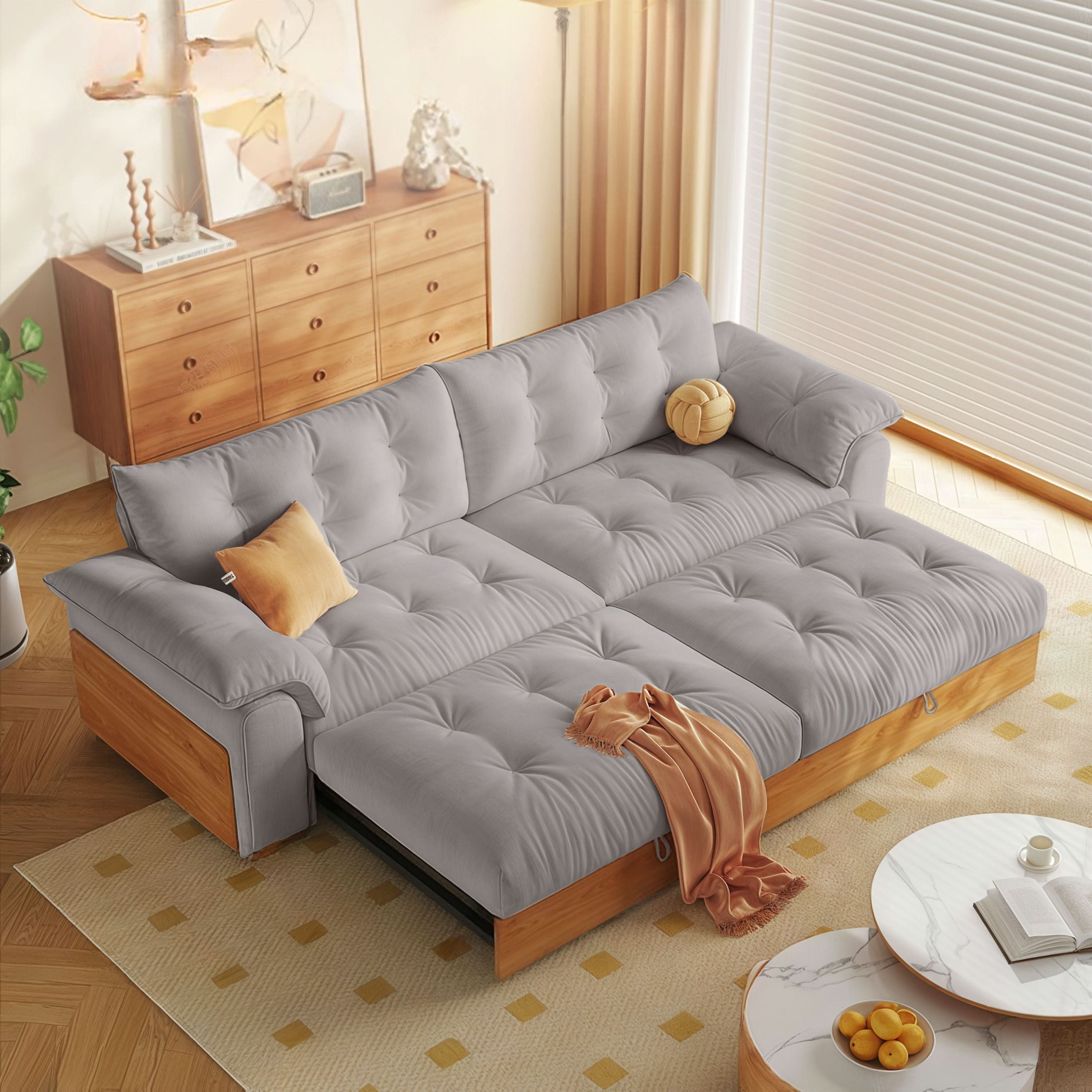 Cottonfy Solid Wood Folding Sofa Bed with Sleeper Chaise June 25 Sale Cottonfy UK 210 CM (Light Grey) 