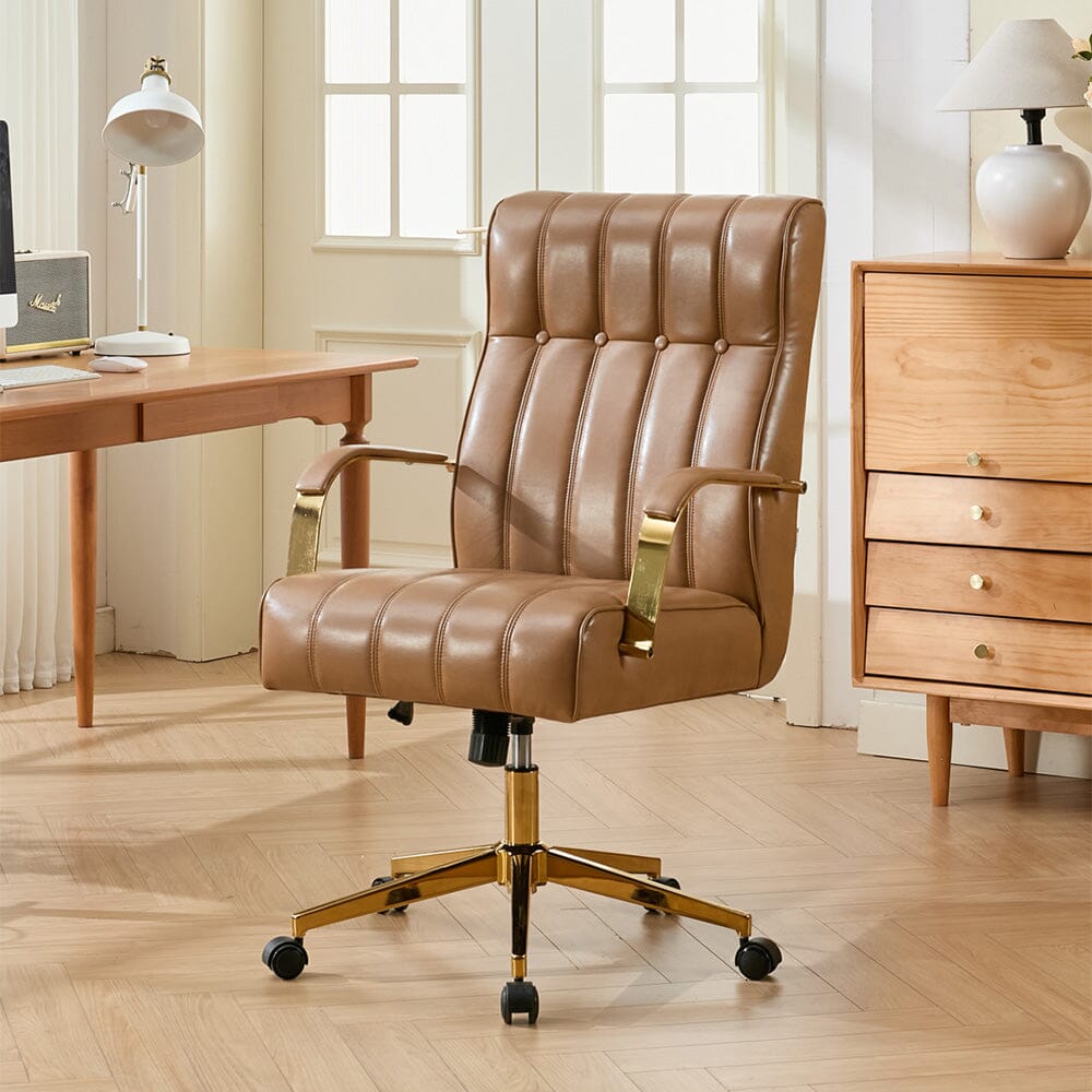 Vertical Stitched PU Office Chair with Gold Frame Living and Home Brown 