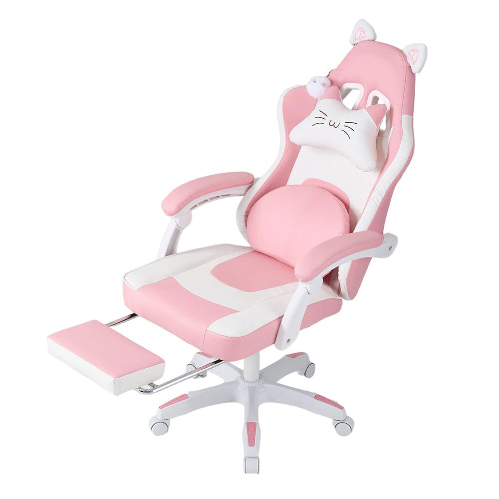 Ergonomic Gaming Chair Reclining PVC Office Chair With Footrest & Massage Lumbar Support Living and Home Pink & White 