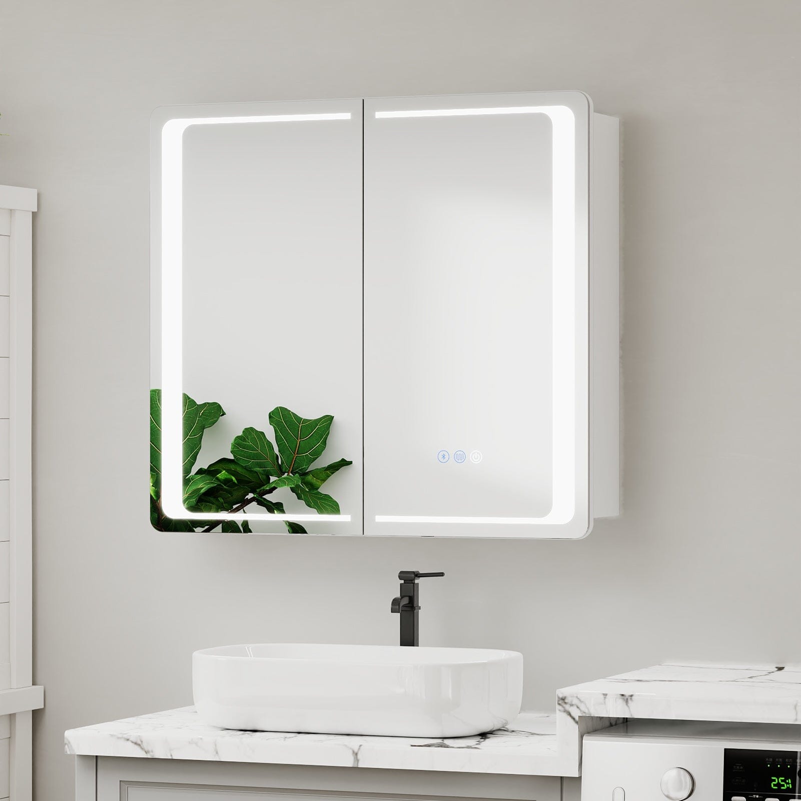 LED Bathroom Mirror Cabinet – Square 65x60cm with Fog-Free, Bluetooth, and Touch & Sensor Control Living and Home 