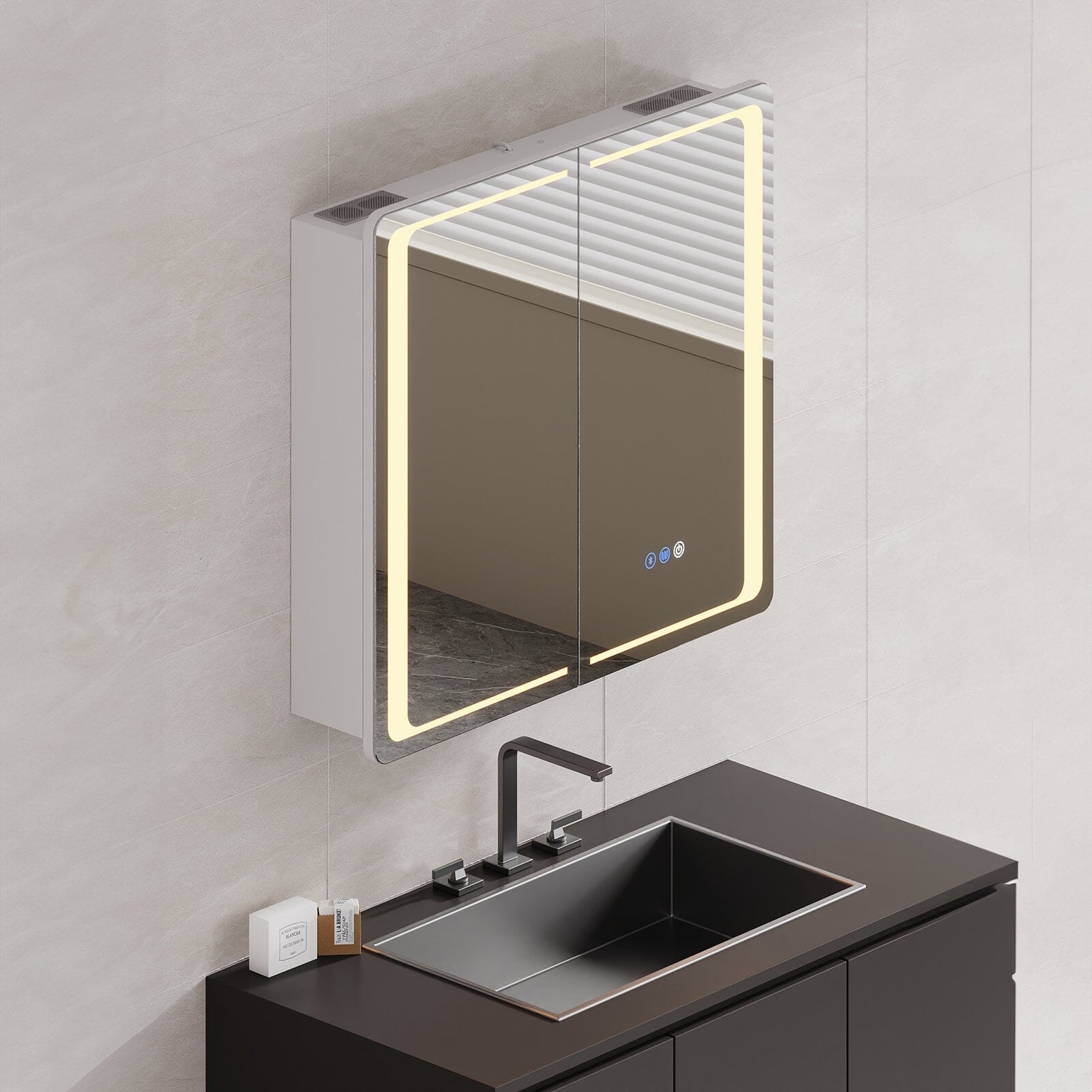 LED Bathroom Mirror Cabinet – Square 65x60cm with Fog-Free, Bluetooth, and Touch & Sensor Control Living and Home 