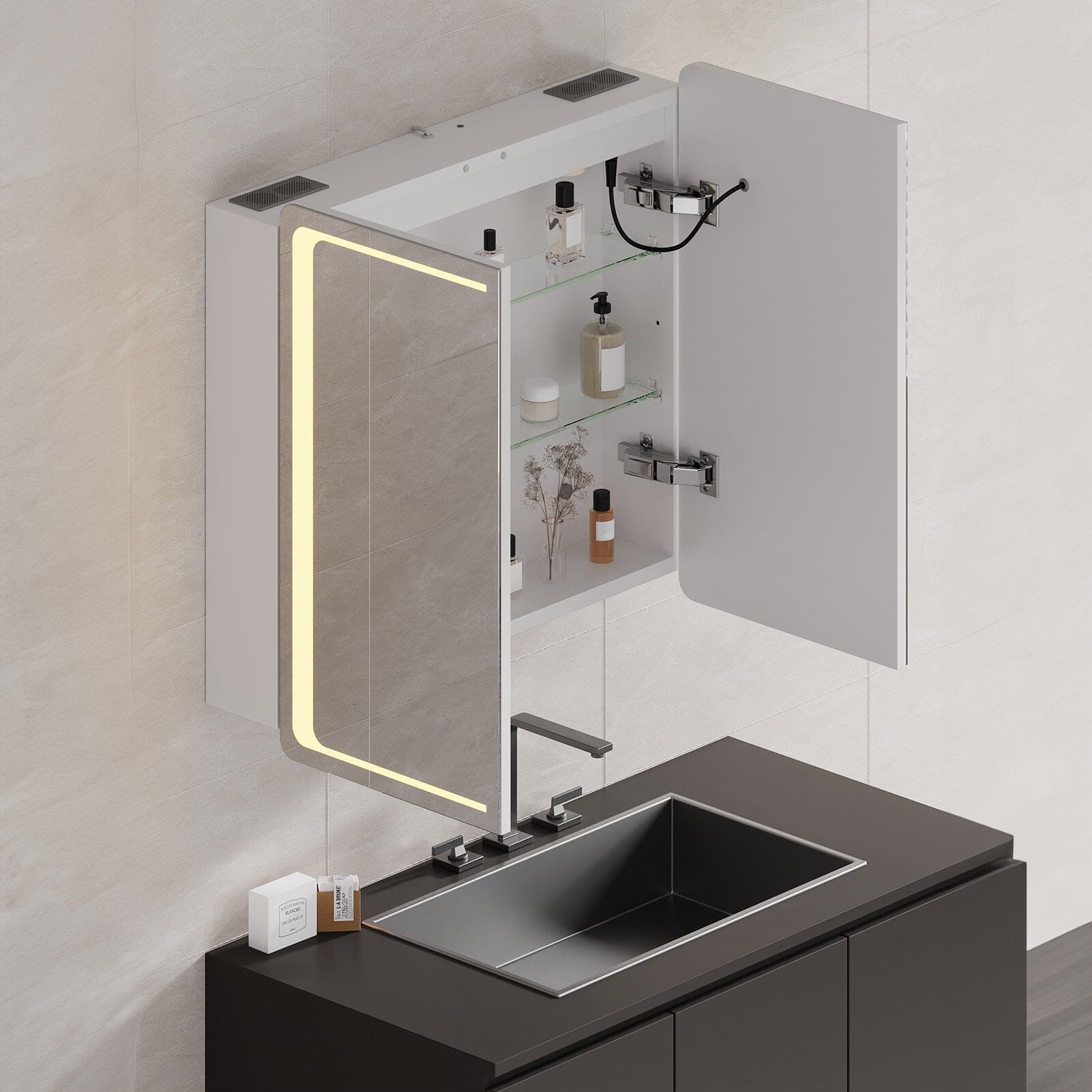 LED Bathroom Mirror Cabinet – Square 65x60cm with Fog-Free, Bluetooth, and Touch & Sensor Control Living and Home 