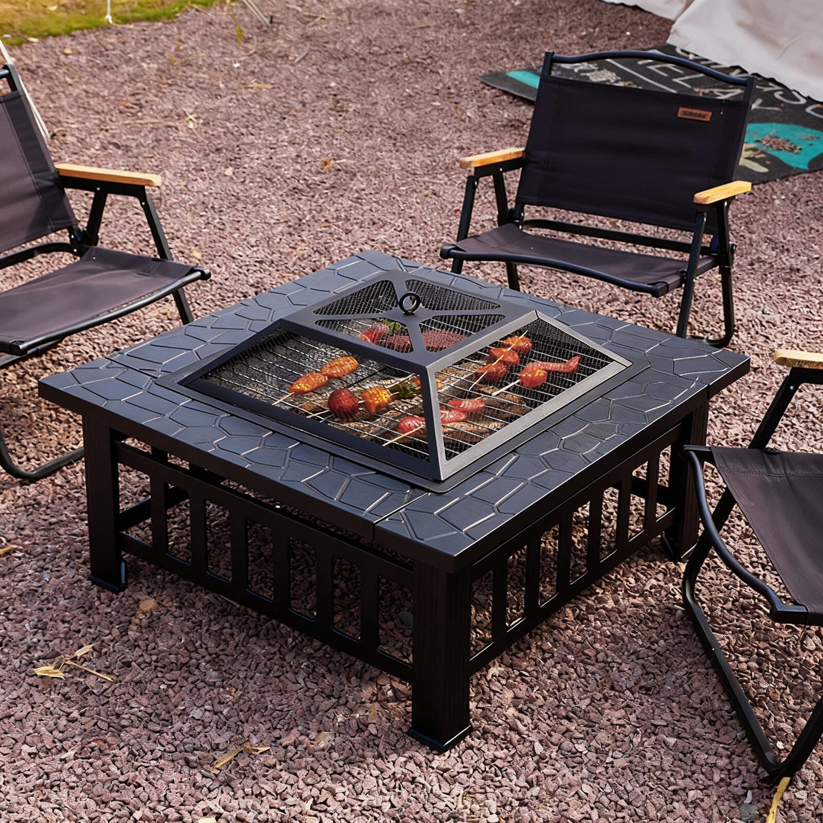 80cm Portable Square Fire Pit & BBQ Grill | Garden Fire Bowl for Camping & Patio Living and Home 