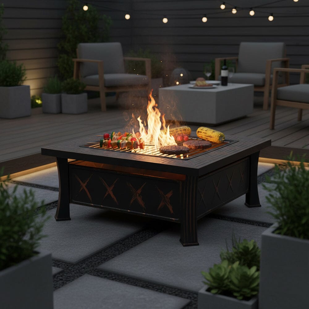 80cm Vintage-Style Outdoor Fire Pit & BBQ Grill | Square Fire Bowl for Garden & Camping Living and Home 