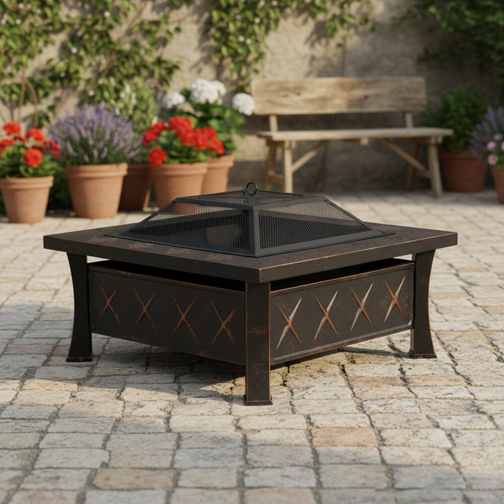 80cm Vintage-Style Outdoor Fire Pit & BBQ Grill | Square Fire Bowl for Garden & Camping Living and Home 