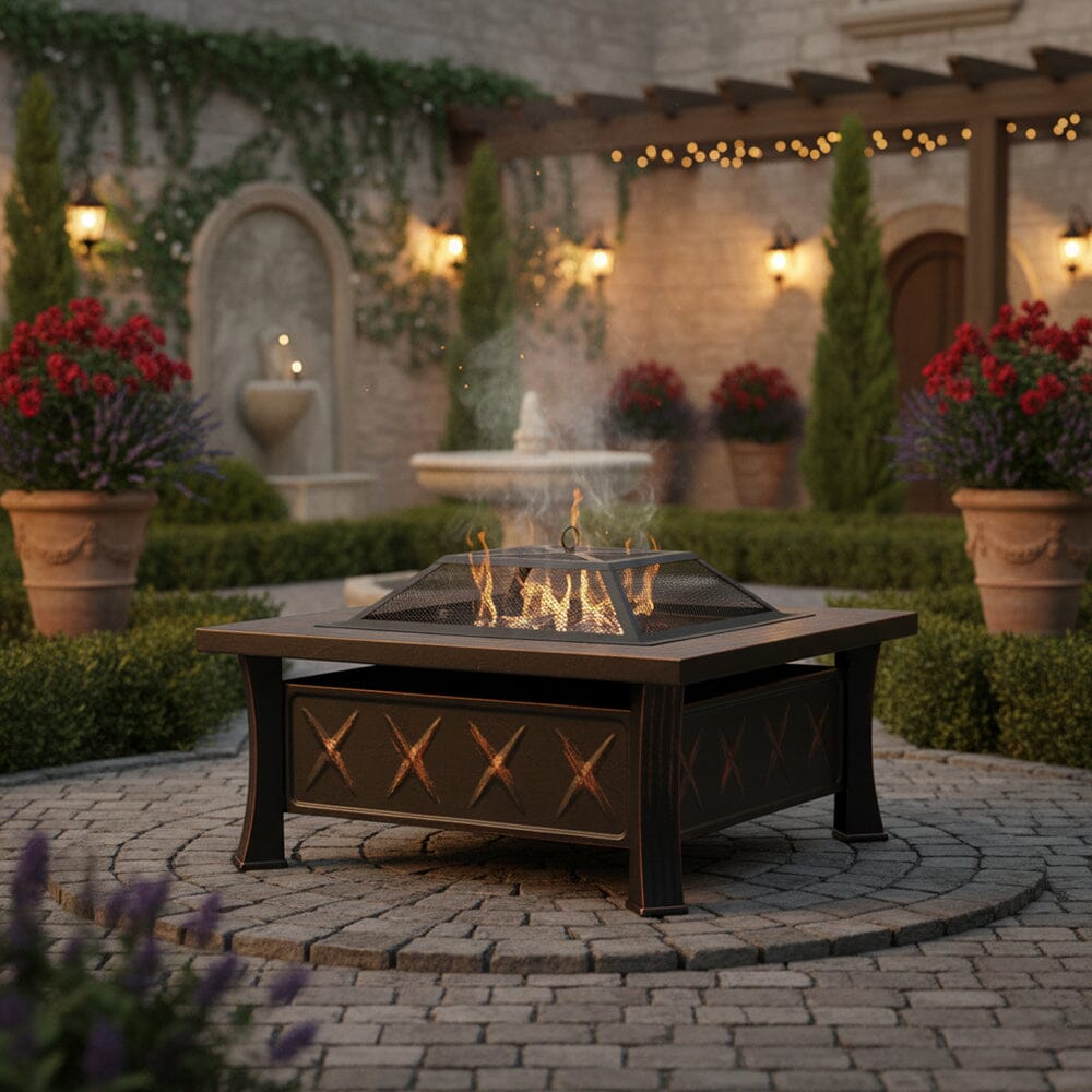 80cm Vintage-Style Outdoor Fire Pit & BBQ Grill | Square Fire Bowl for Garden & Camping Living and Home 