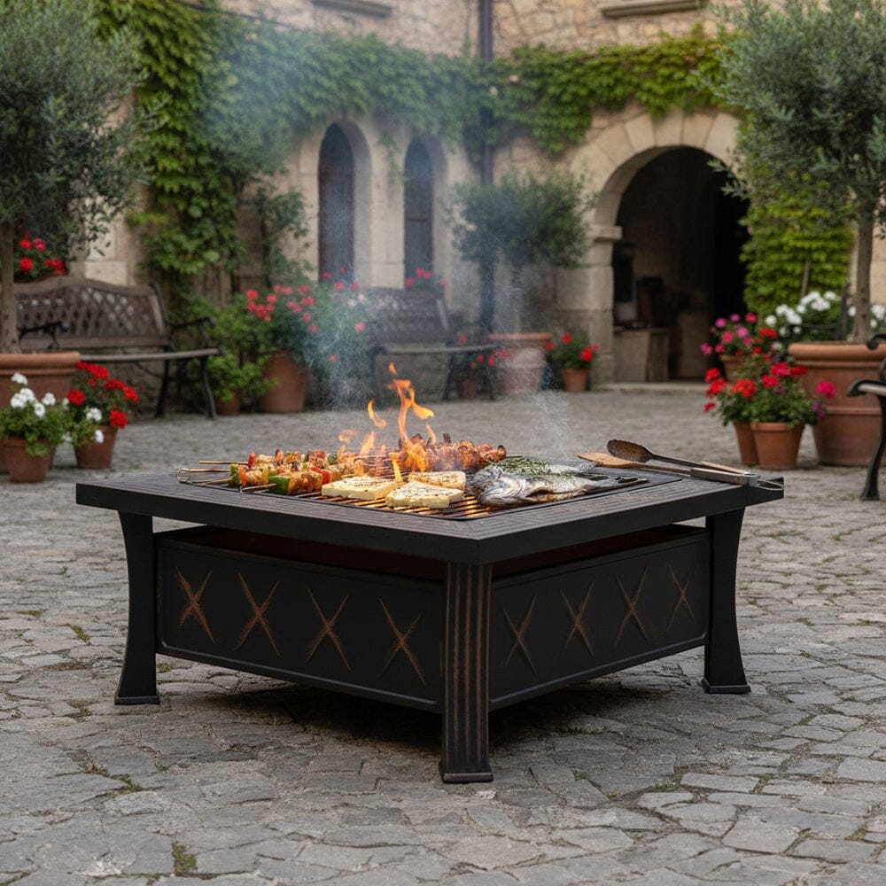 80cm Vintage-Style Outdoor Fire Pit & BBQ Grill | Square Fire Bowl for Garden & Camping Living and Home 