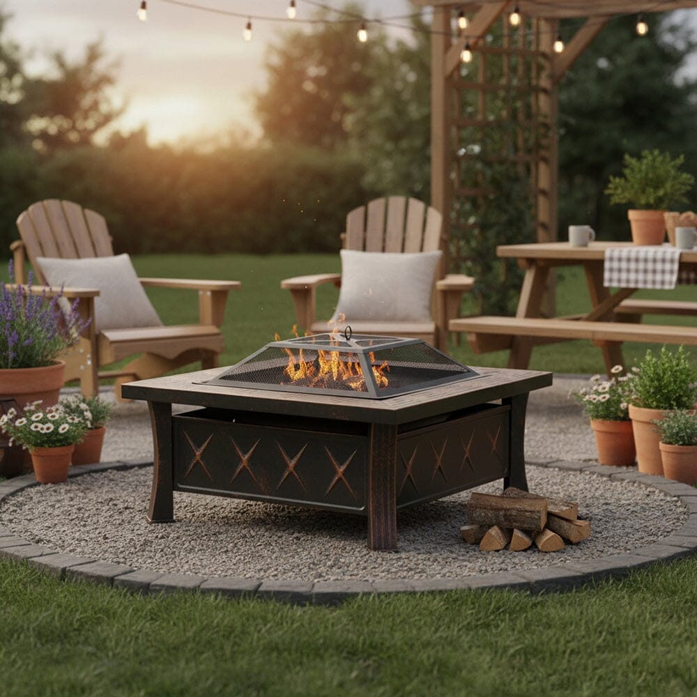 80cm Vintage-Style Outdoor Fire Pit & BBQ Grill | Square Fire Bowl for Garden & Camping Living and Home 