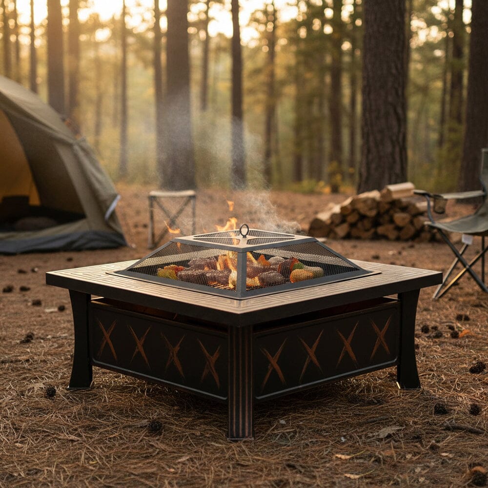 80cm Vintage-Style Outdoor Fire Pit & BBQ Grill | Square Fire Bowl for Garden & Camping Living and Home 