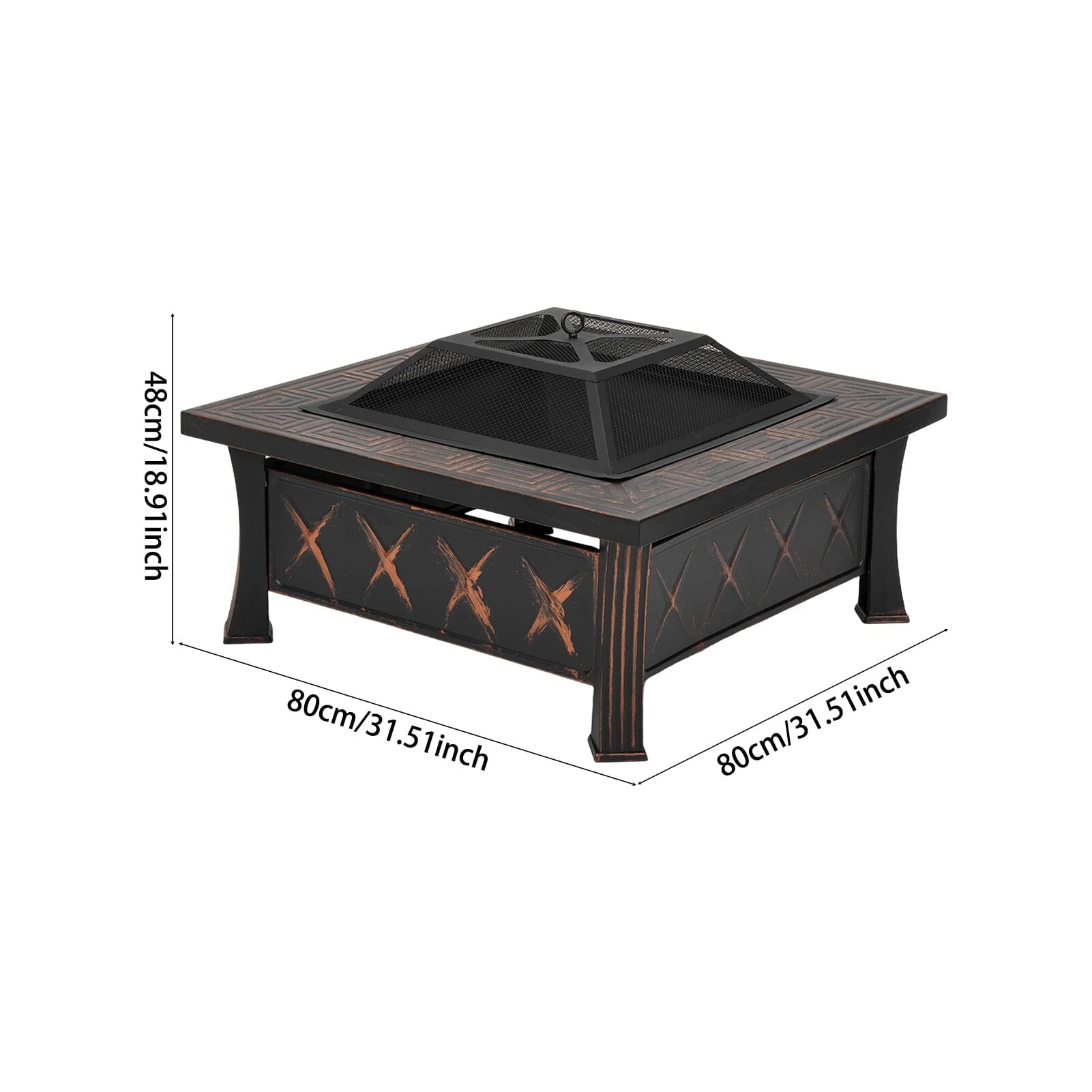 80cm Vintage-Style Outdoor Fire Pit & BBQ Grill | Square Fire Bowl for Garden & Camping Living and Home 