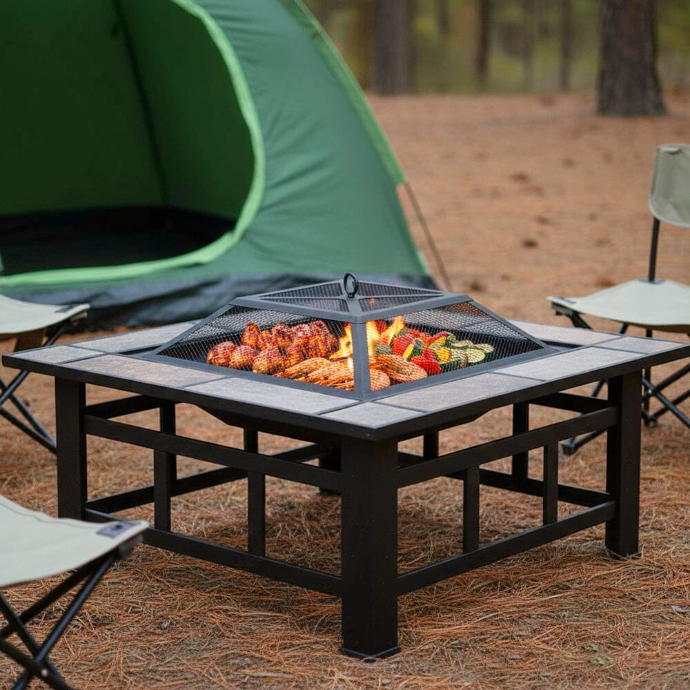 83cm Vintage Brown Fire Pit & BBQ Grill | Square Outdoor Fire Bowl for Garden & Camping Living and Home 