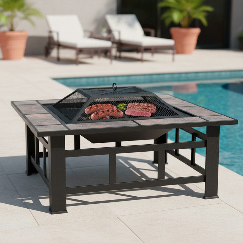 83cm Vintage Brown Fire Pit & BBQ Grill | Square Outdoor Fire Bowl for Garden & Camping Living and Home 