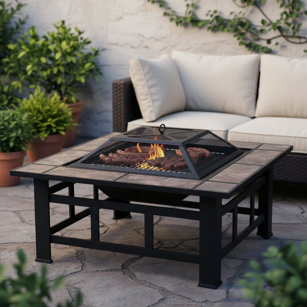 83cm Vintage Brown Fire Pit & BBQ Grill | Square Outdoor Fire Bowl for Garden & Camping Living and Home 