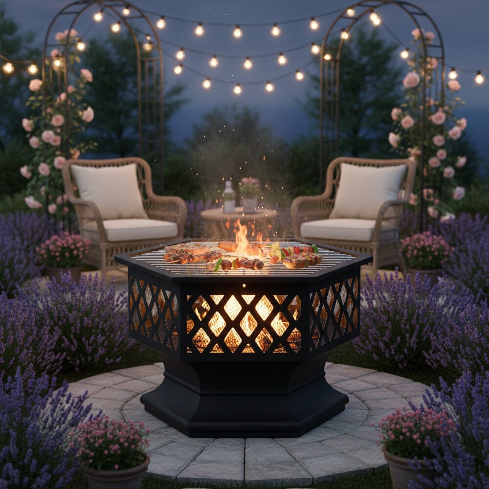 70cm Hexagonal Outdoor Fire Pit & BBQ Grill Living and Home 