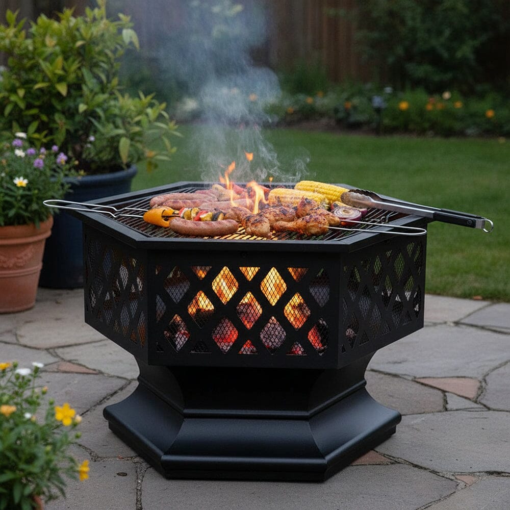 70cm Hexagonal Outdoor Fire Pit & BBQ Grill Living and Home 