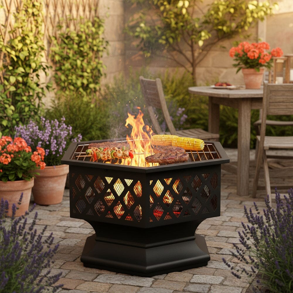 70cm Hexagonal Outdoor Fire Pit & BBQ Grill Living and Home 