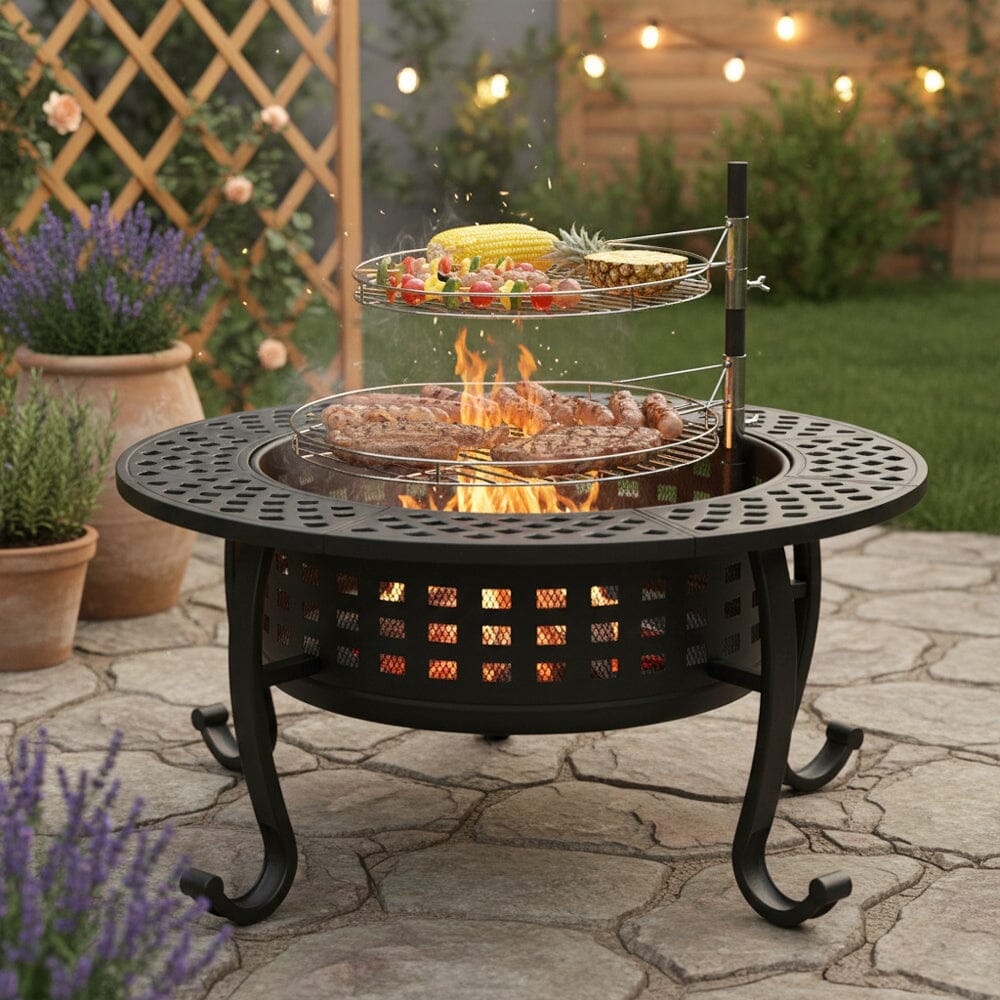 Large Round Fire Pit & BBQ Grill | 93cm Diameter Outdoor Fire Bowl for Garden & Camping Living and Home 