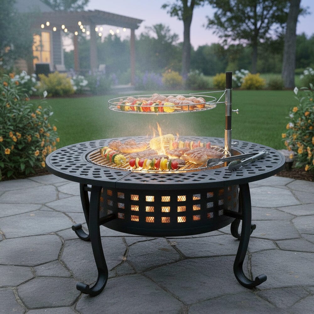 Large Round Fire Pit & BBQ Grill | 93cm Diameter Outdoor Fire Bowl for Garden & Camping Living and Home 