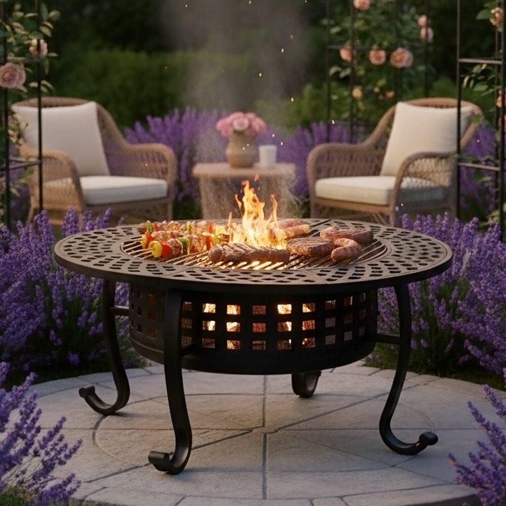 Large Round Fire Pit & BBQ Grill | 93cm Diameter Outdoor Fire Bowl for Garden & Camping Living and Home 