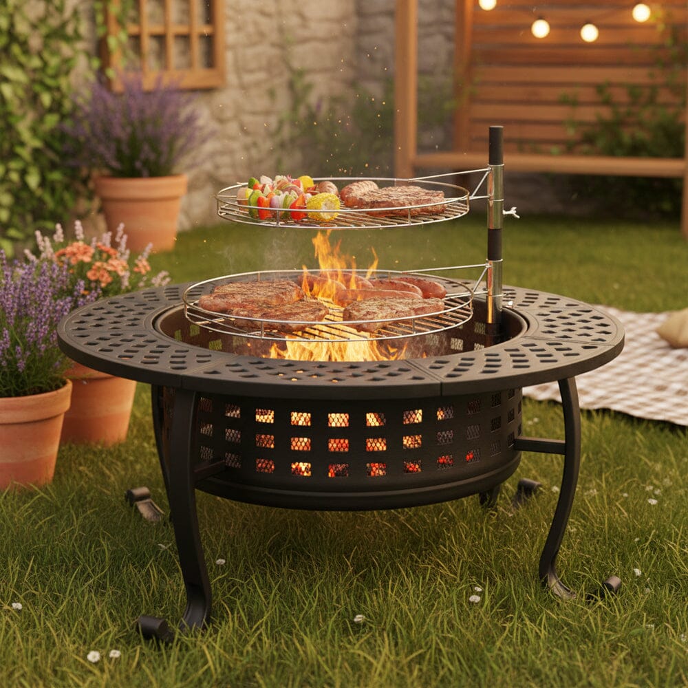 Large Round Fire Pit & BBQ Grill | 93cm Diameter Outdoor Fire Bowl for Garden & Camping Living and Home 
