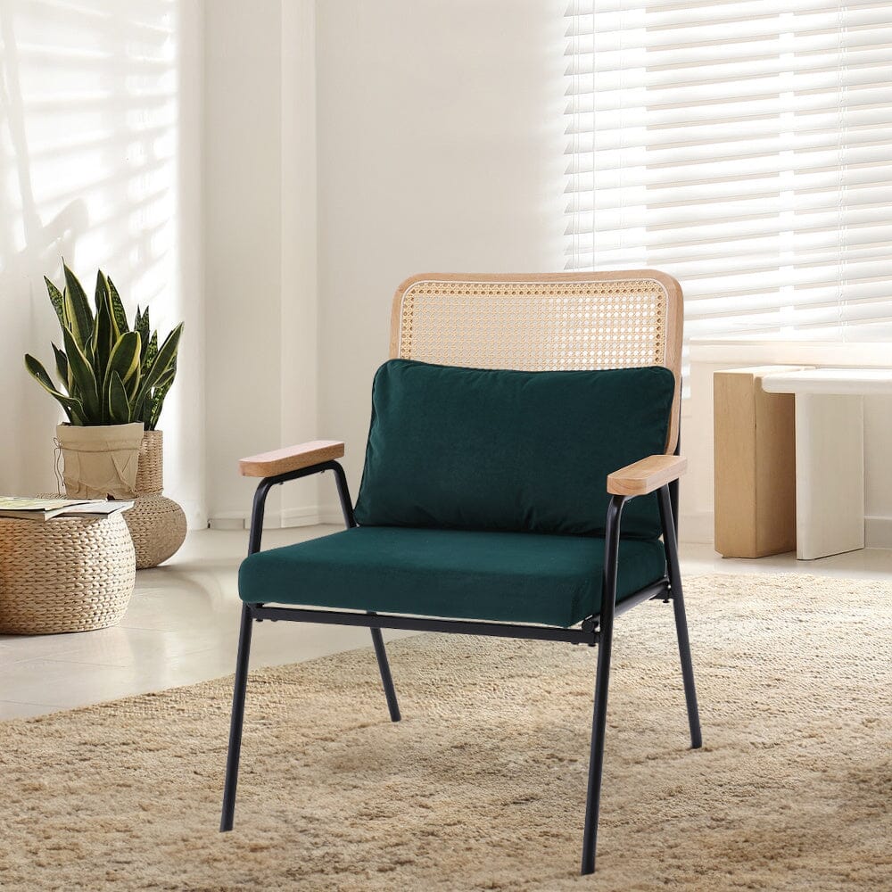 Green Upholstered Rattan Back Armchair with Metal Legs Lounge Chairs Living and Home 
