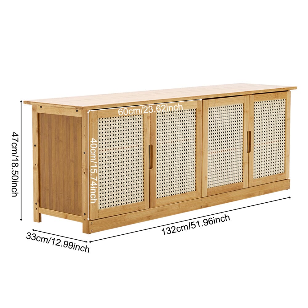Natural Wood Rattan 4-Door Shoe Storage Bench Hallway Seating Organiser Living and Home 