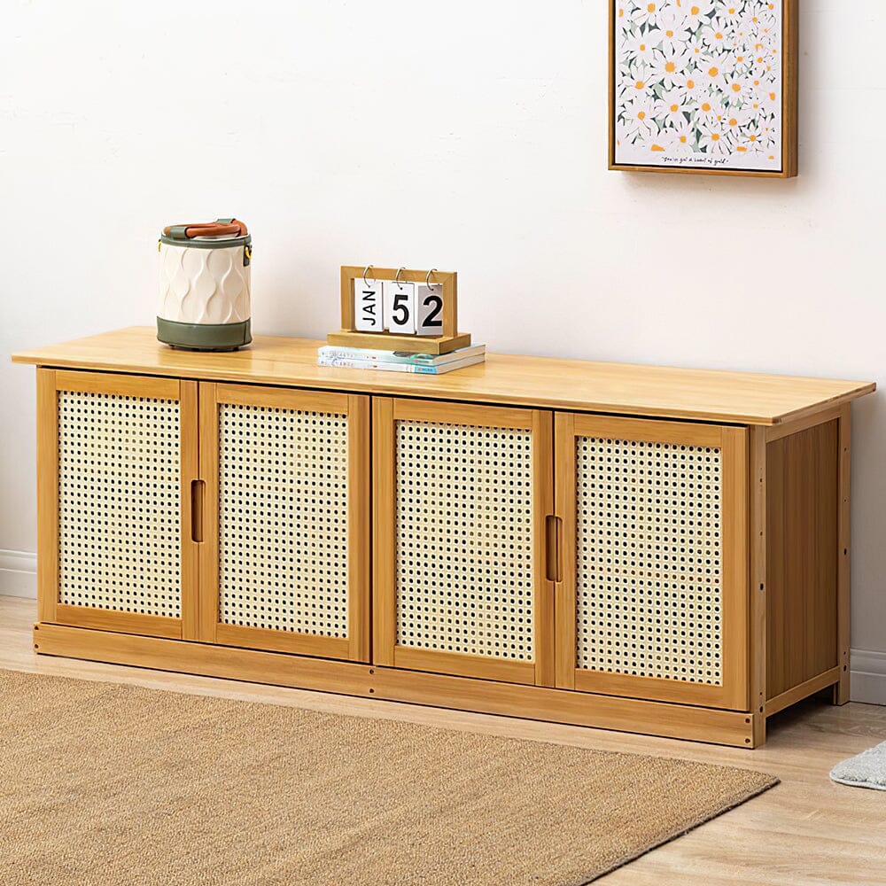 Natural Wood Rattan 4-Door Shoe Storage Bench Hallway Seating Organiser Living and Home 