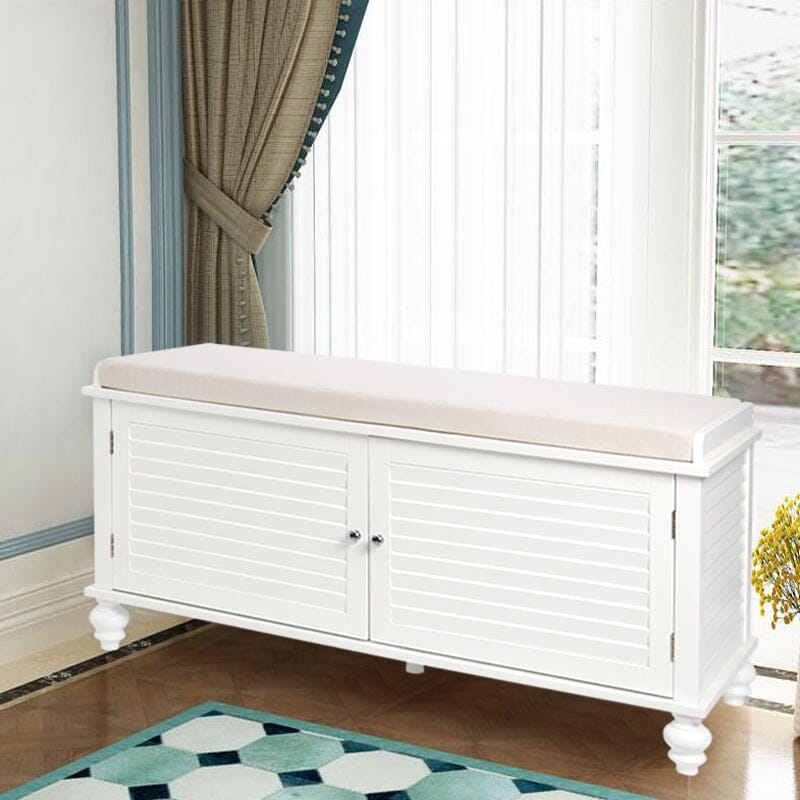 Painted Storage Bench Cabinet with Faux Louvered Doors and Cushioned Seat Living and Home 