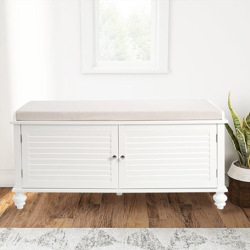 Painted Storage Bench Cabinet with Faux Louvered Doors and Cushioned Seat Living and Home 