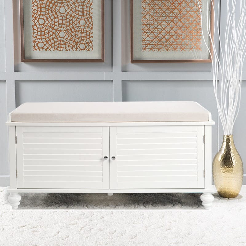 Painted Storage Bench Cabinet with Faux Louvered Doors and Cushioned Seat Living and Home 