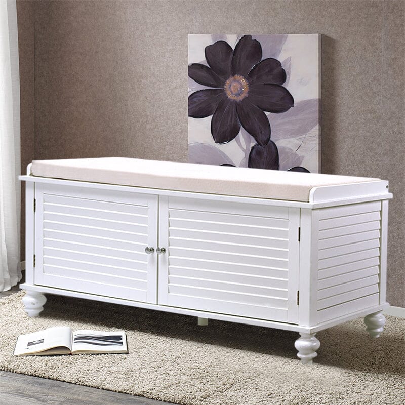 Painted Storage Bench Cabinet with Faux Louvered Doors and Cushioned Seat Living and Home White 