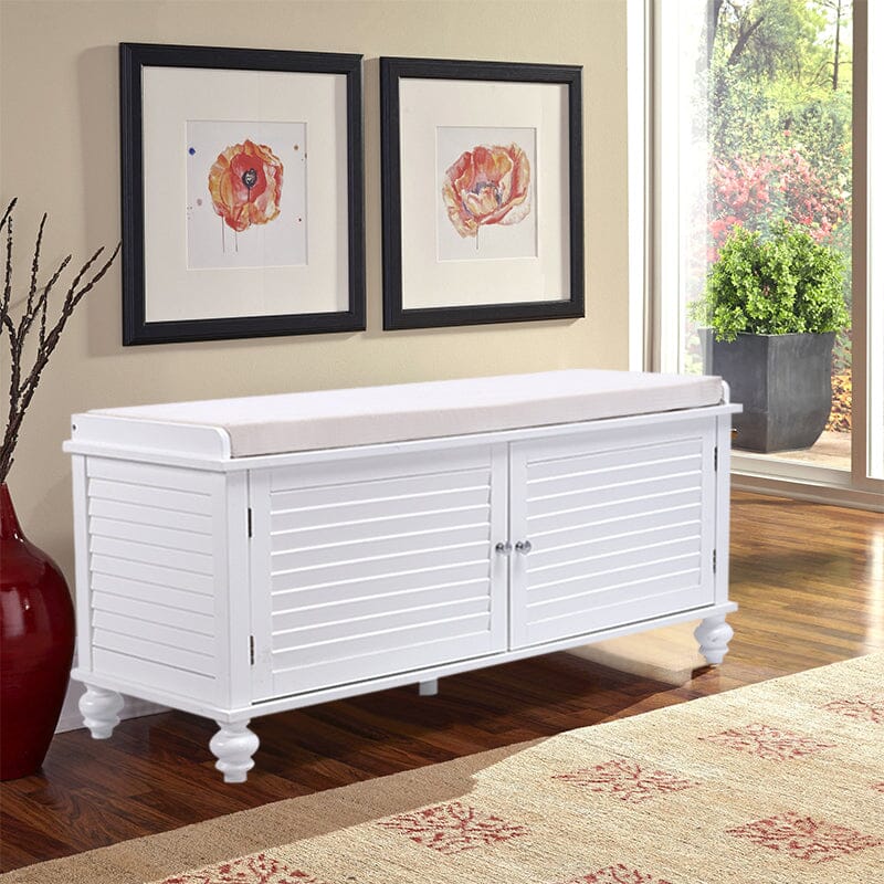 Painted Storage Bench Cabinet with Faux Louvered Doors and Cushioned Seat Living and Home 