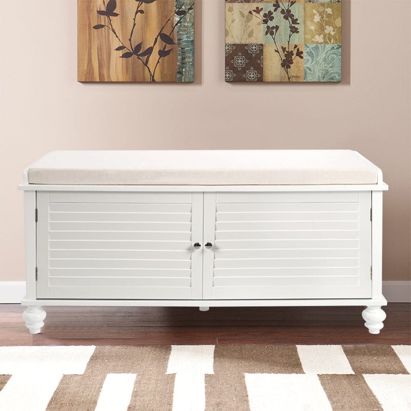 Painted Storage Bench Cabinet with Faux Louvered Doors and Cushioned Seat Living and Home 