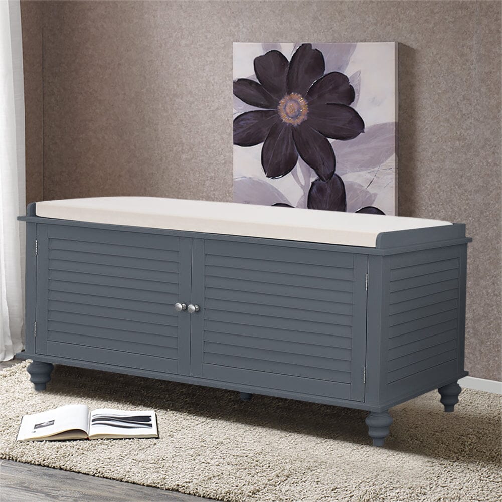 Painted Storage Bench Cabinet with Faux Louvered Doors and Cushioned Seat Living and Home Grey 
