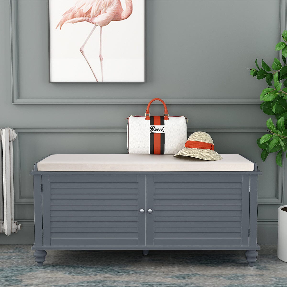 Painted Storage Bench Cabinet with Faux Louvered Doors and Cushioned Seat Living and Home 