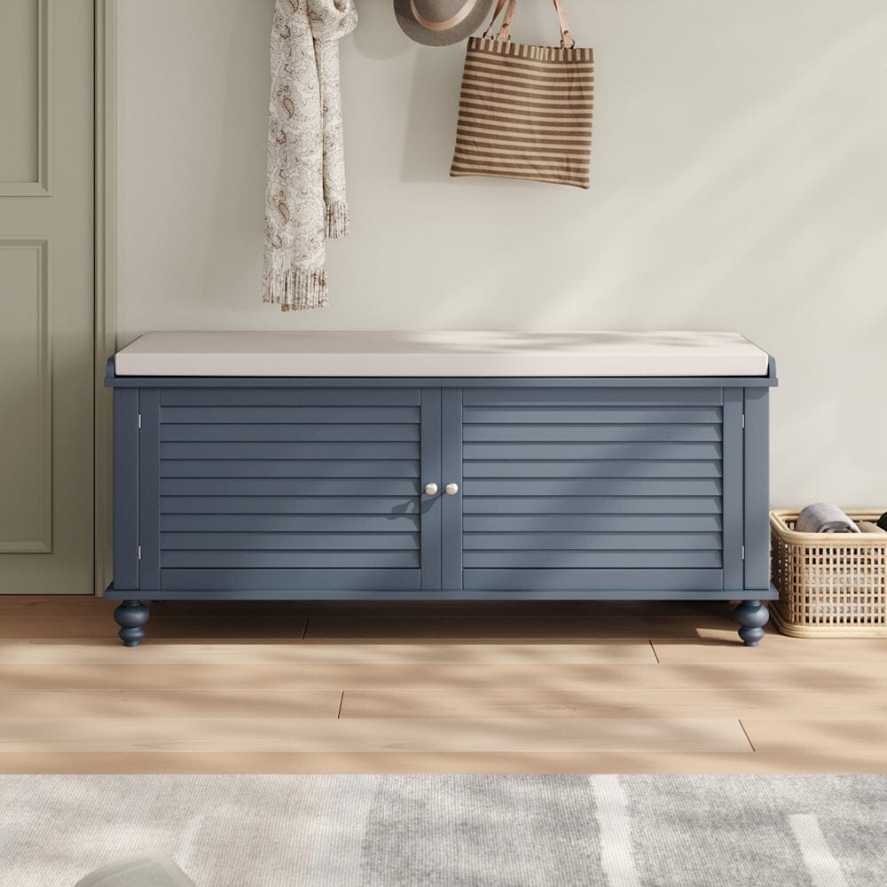 Painted Storage Bench Cabinet with Faux Louvered Doors and Cushioned Seat Living and Home 