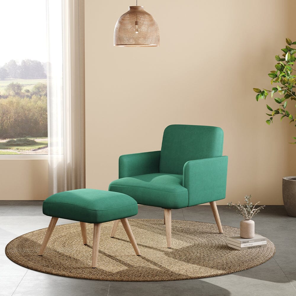 Wooden Legs Velvet Armchair Chair with Footrest Armchair Living and Home 