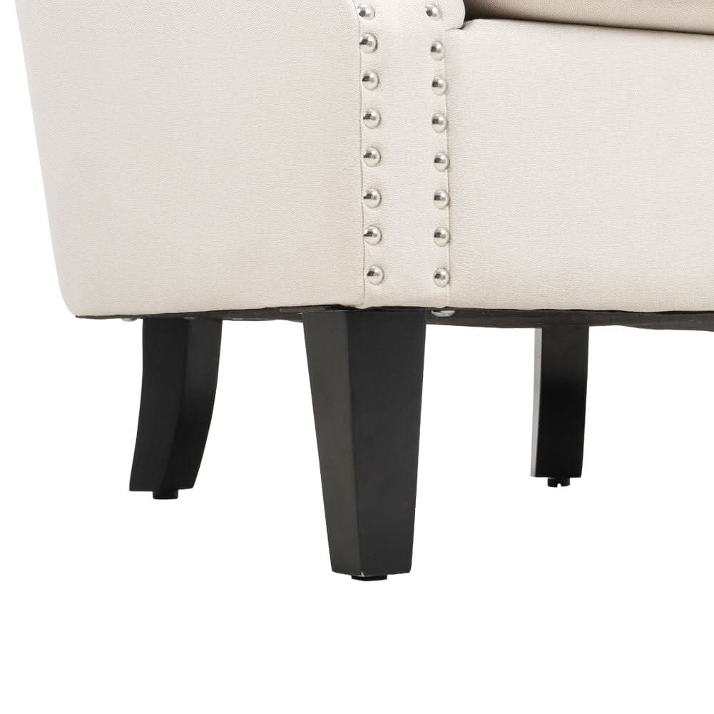 Mid Century Upholstered Accent Armchair - Blue & White Striped Vintage Fabric With Dark Brown Wood Legs & Nailhead Trim