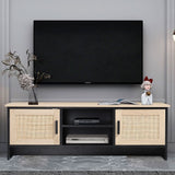 Wooden Vintage TV Stand Cabinet with Beige Rattan Doors TV Stands Living and Home 
