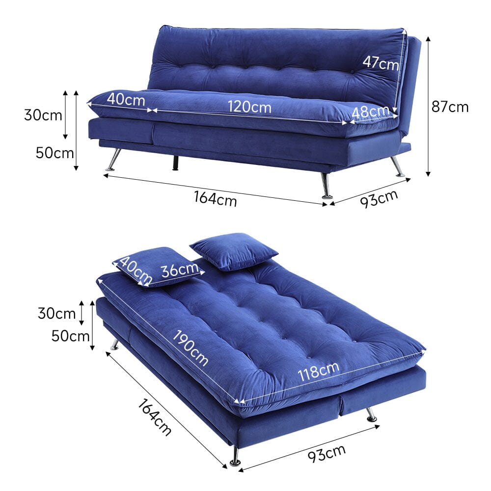190cm Blue Sofa Bed Fabric Upholstered Tufted with 3 Seater Living