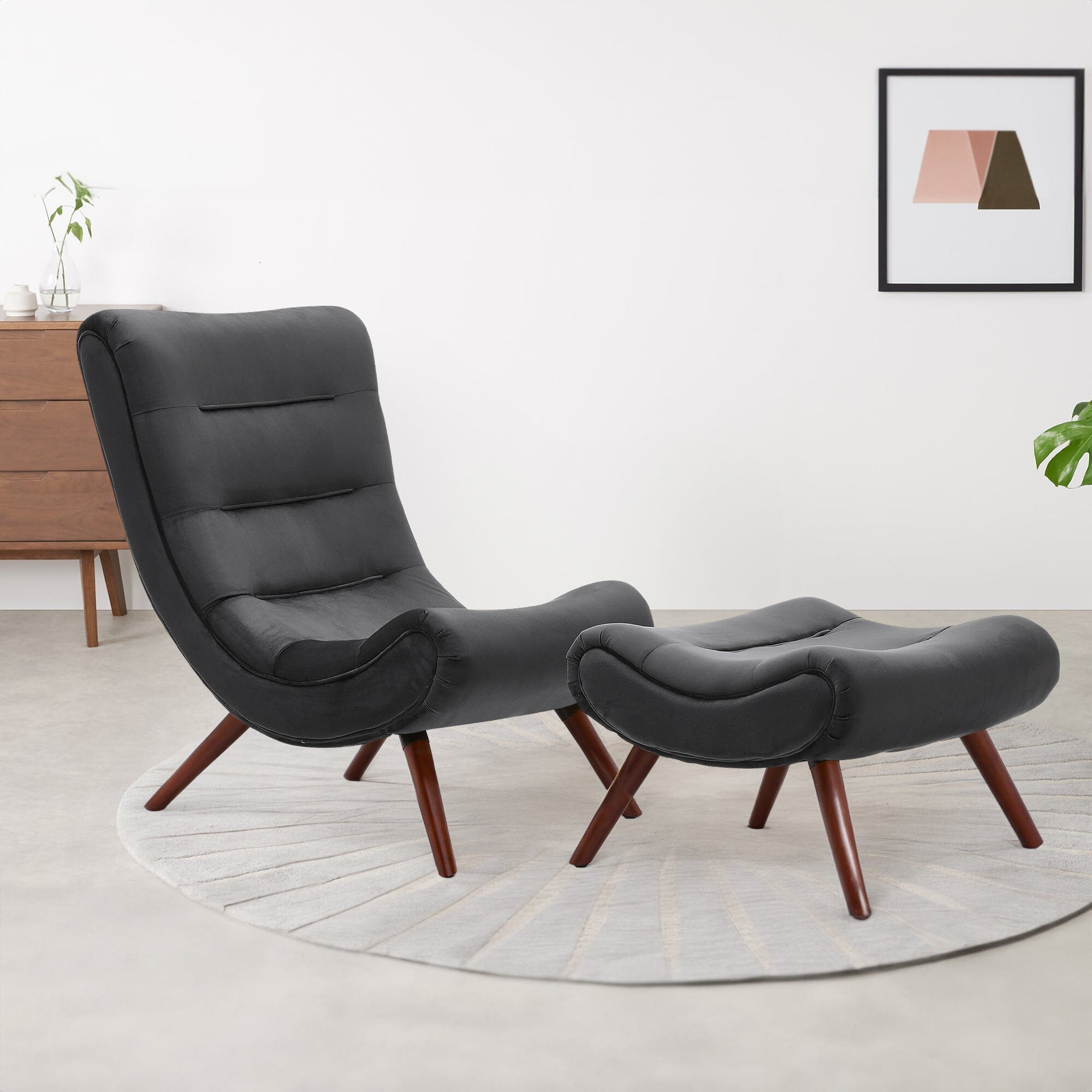 Black Modern Curved Velvet Lounge Chair with Footstool Lounge Chairs Living and Home 