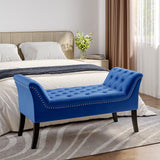 Contemporary Velvet Buttoned Bench with Black Wood Legs Footstools Living and Home Blue 