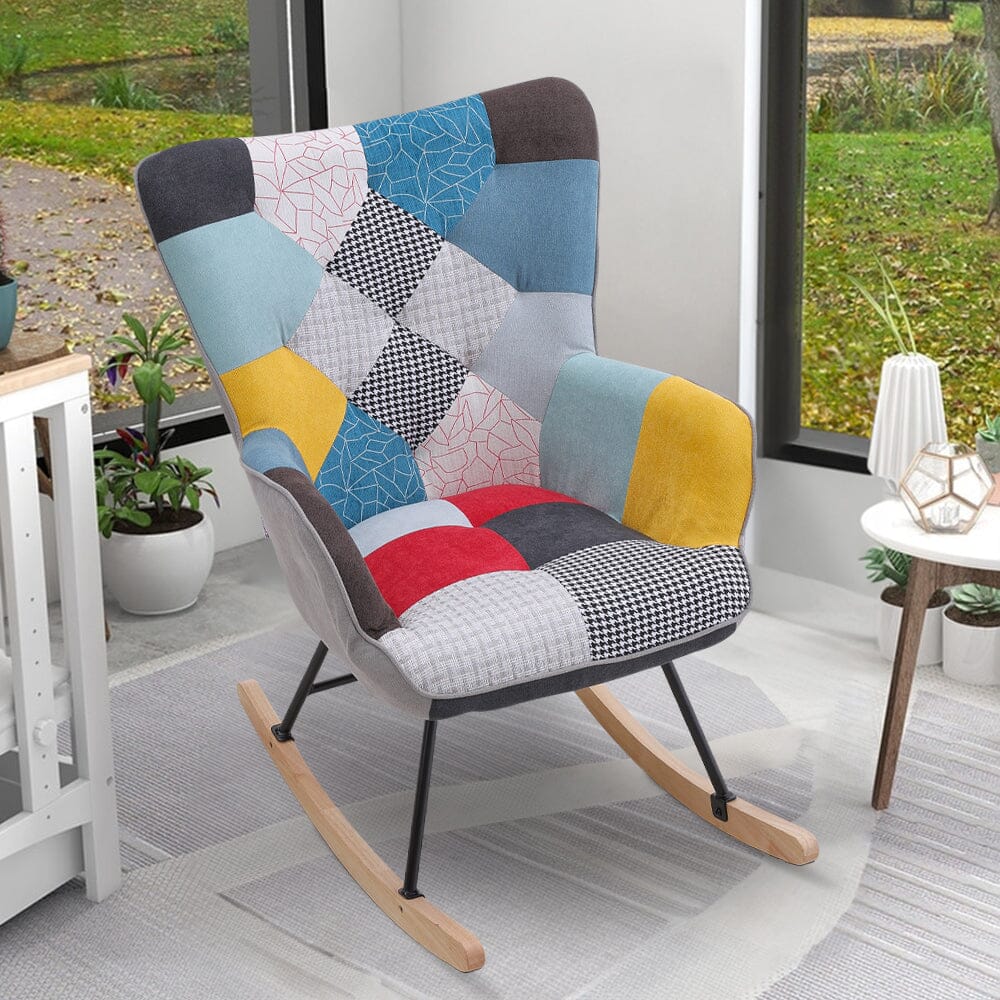 Patchwork Rocking Chair with Wood Legs Rocking Chairs Living and Home 