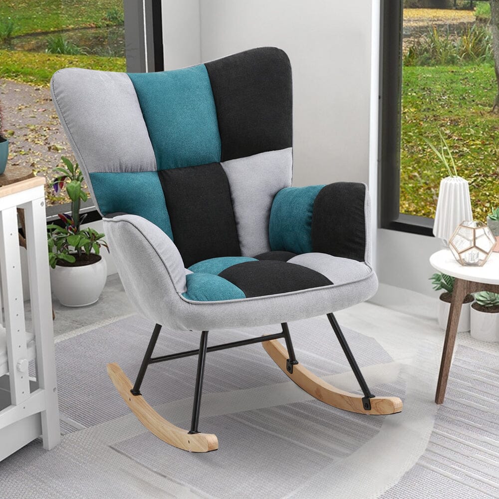 3ft Patchwork Upholstered Rocking Chair with Metal Legs Wooden Skates Rocking Chairs Living and Home 